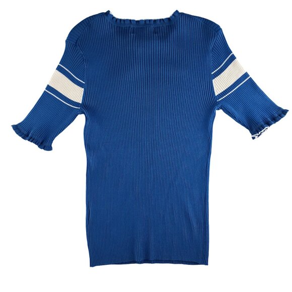 Magaschoni Blue White Stretchy Rib Knit Top Med Ruffle Edge Neck & Sleeves NWT - Picture 4 of 8